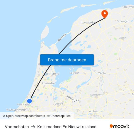 Voorschoten to Kollumerland En Nieuwkruisland map