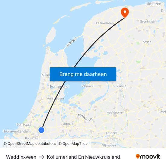 Waddinxveen to Kollumerland En Nieuwkruisland map