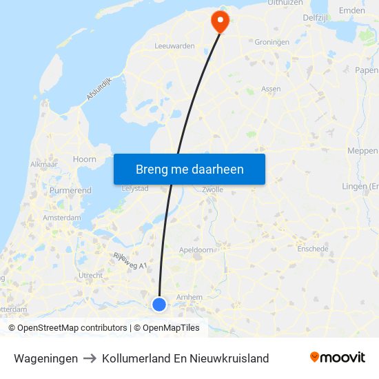 Wageningen to Kollumerland En Nieuwkruisland map