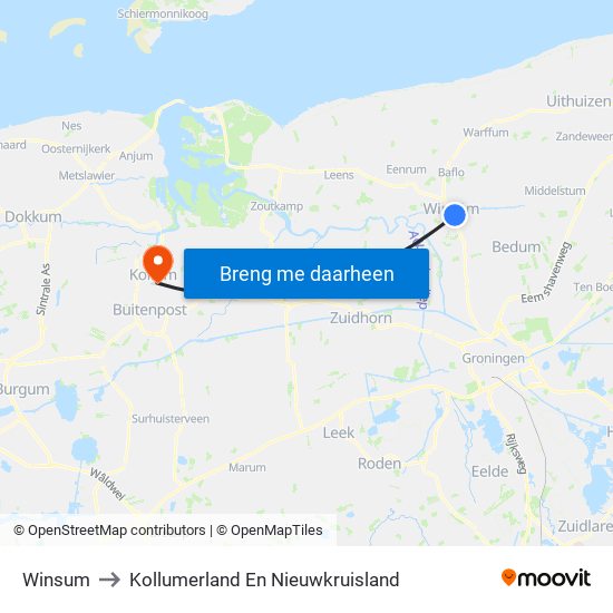 Winsum to Kollumerland En Nieuwkruisland map