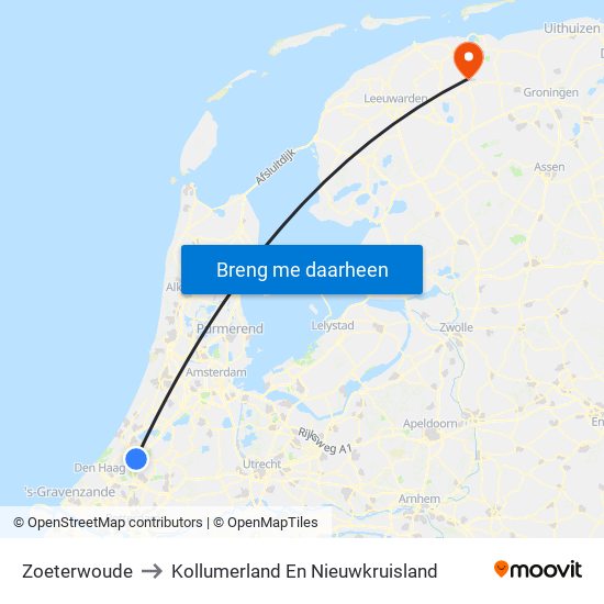 Zoeterwoude to Kollumerland En Nieuwkruisland map