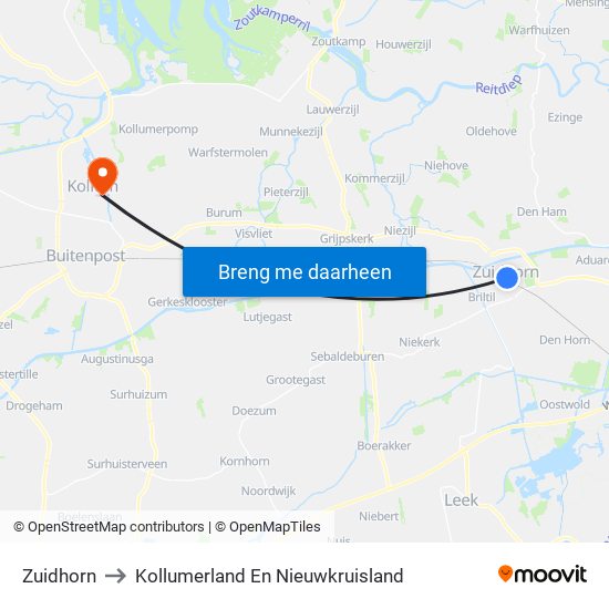 Zuidhorn to Kollumerland En Nieuwkruisland map