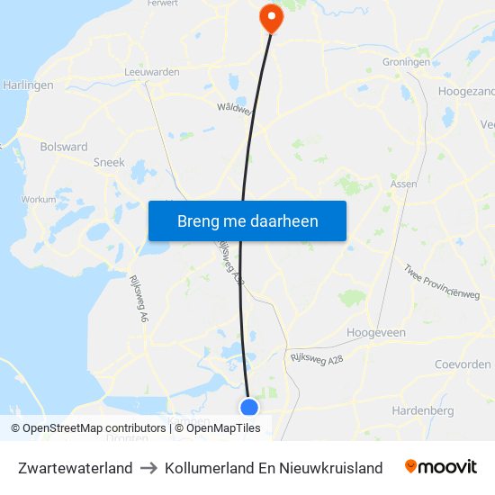 Zwartewaterland to Kollumerland En Nieuwkruisland map