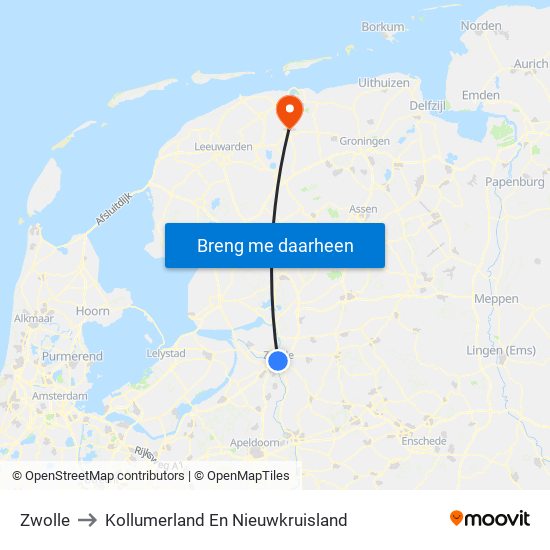 Zwolle to Kollumerland En Nieuwkruisland map