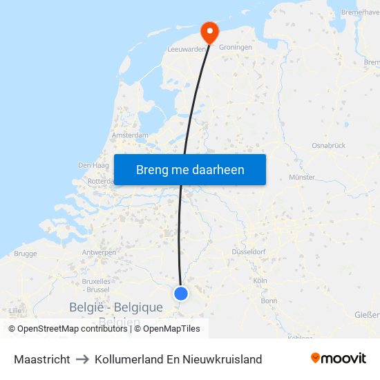 Maastricht to Kollumerland En Nieuwkruisland map