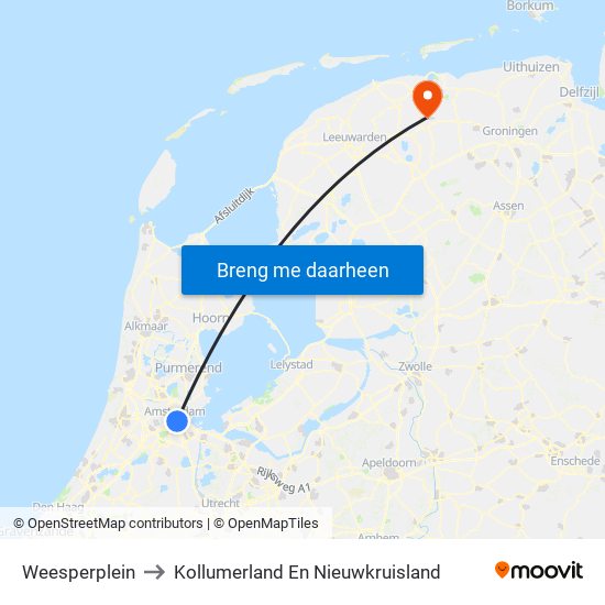 Weesperplein to Kollumerland En Nieuwkruisland map
