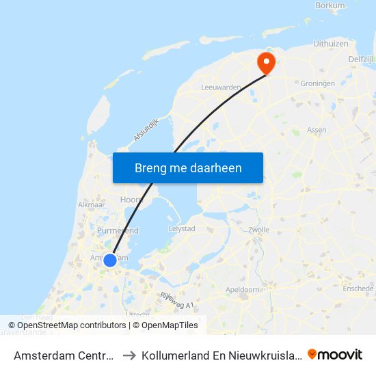 Amsterdam Centraal to Kollumerland En Nieuwkruisland map