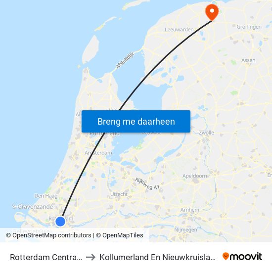 Rotterdam Centraal to Kollumerland En Nieuwkruisland map