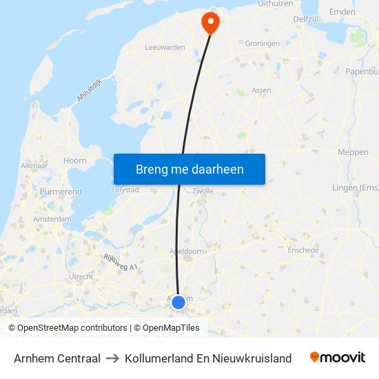 Arnhem Centraal to Kollumerland En Nieuwkruisland map