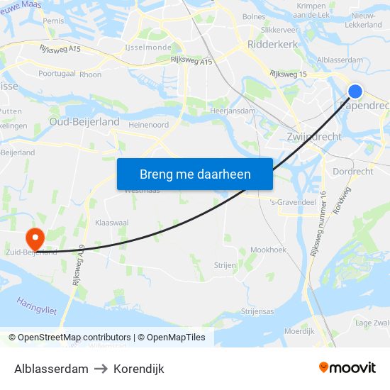 Alblasserdam to Korendijk map