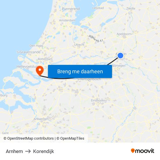 Arnhem to Korendijk map