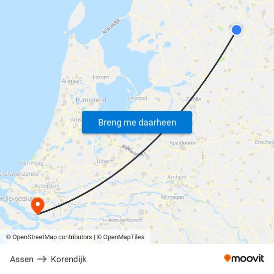 Assen to Korendijk map