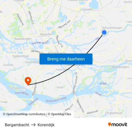 Bergambacht to Korendijk map