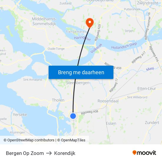 Bergen Op Zoom to Korendijk map