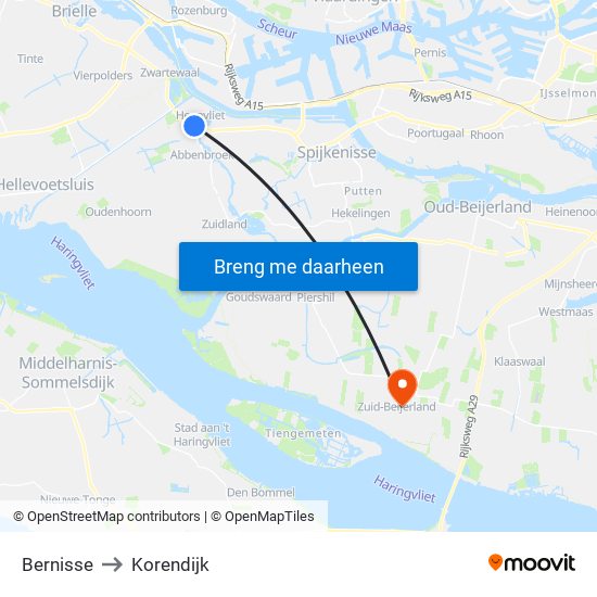 Bernisse to Korendijk map