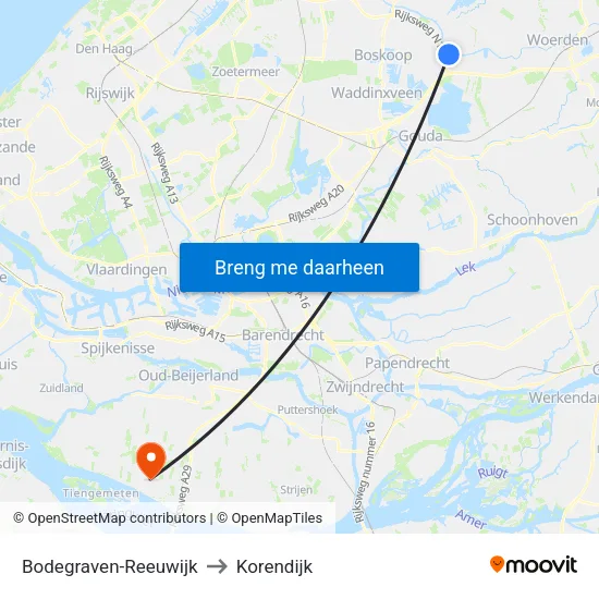 Bodegraven-Reeuwijk to Korendijk map