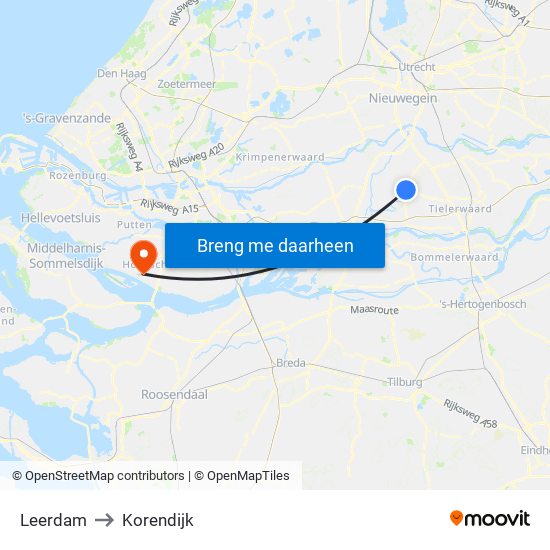 Leerdam to Korendijk map