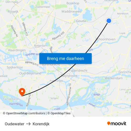 Oudewater to Korendijk map