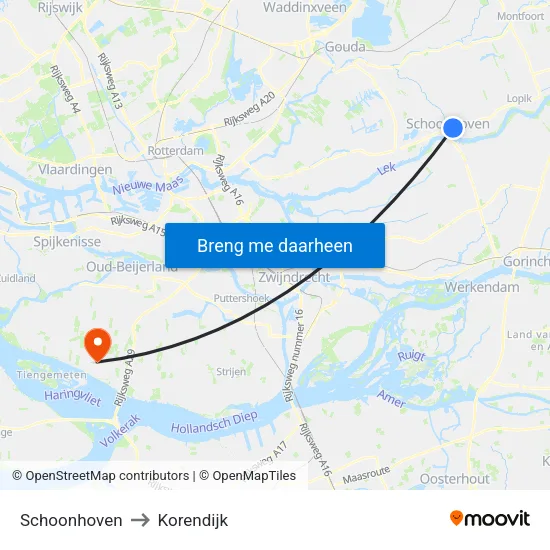 Schoonhoven to Korendijk map