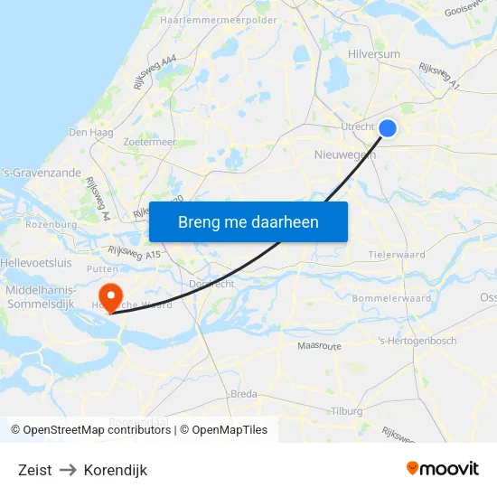 Zeist to Korendijk map
