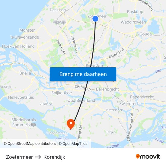 Zoetermeer to Korendijk map