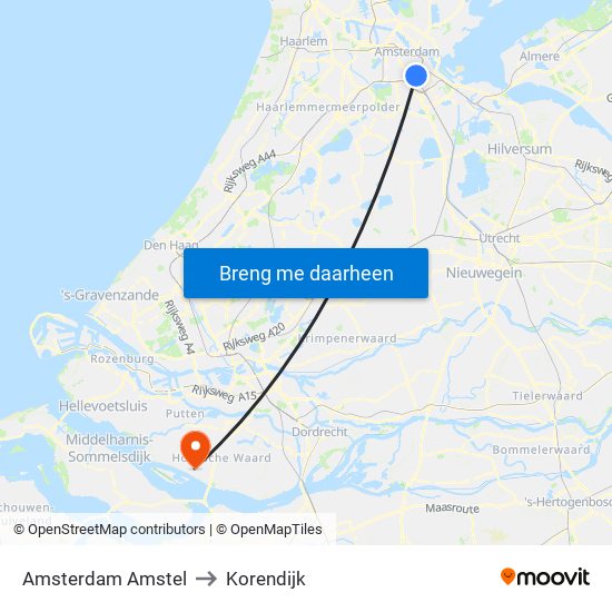 Amsterdam Amstel to Korendijk map