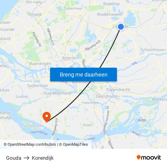 Gouda to Korendijk map