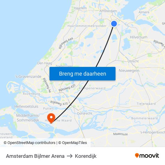 Amsterdam Bijlmer Arena to Korendijk map