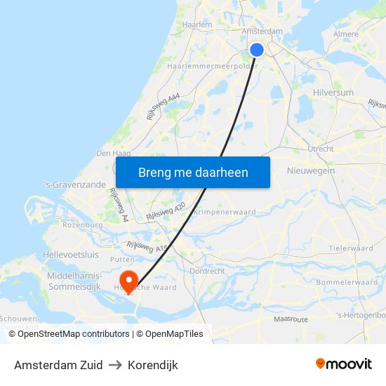 Amsterdam Zuid to Korendijk map