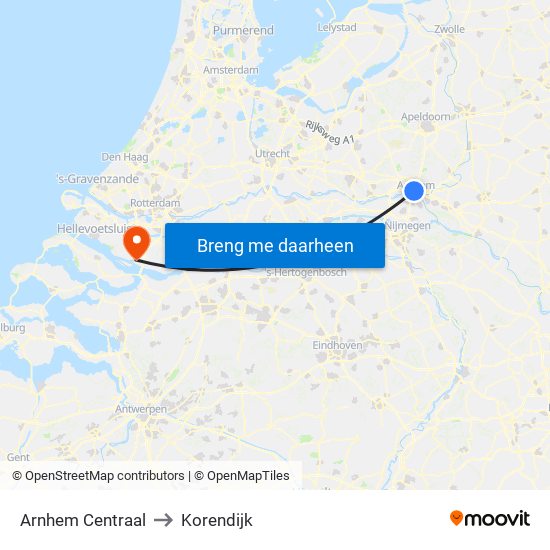 Arnhem Centraal to Korendijk map