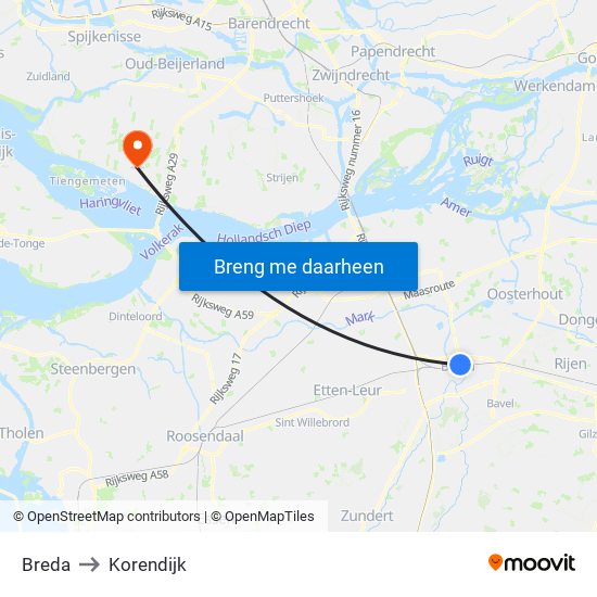 Breda to Korendijk map