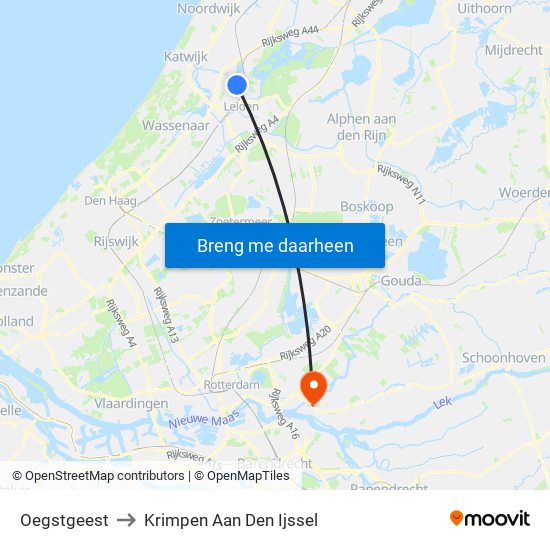 Oegstgeest to Krimpen Aan Den Ijssel map