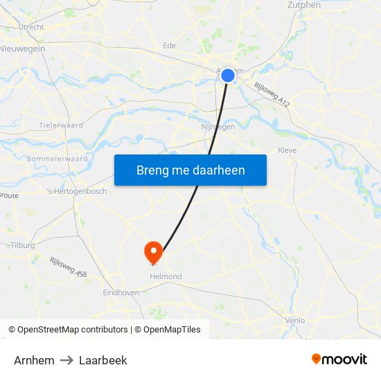 Arnhem to Laarbeek map