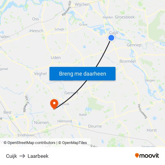 Cuijk to Laarbeek map