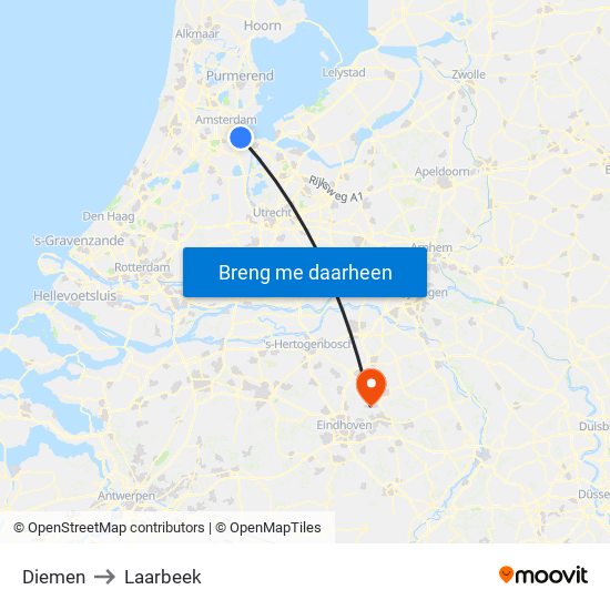 Diemen to Laarbeek map