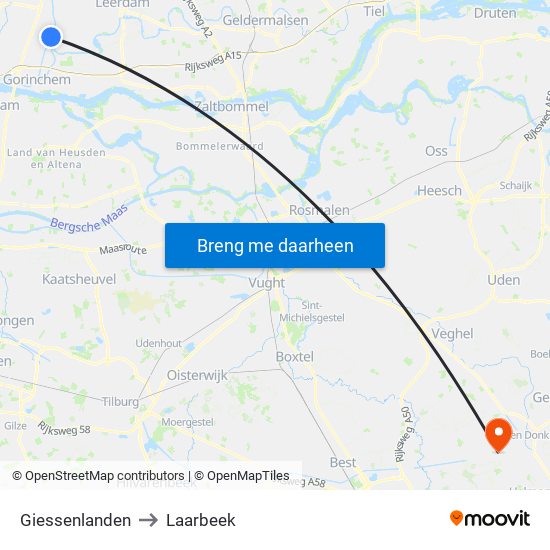 Giessenlanden to Laarbeek map