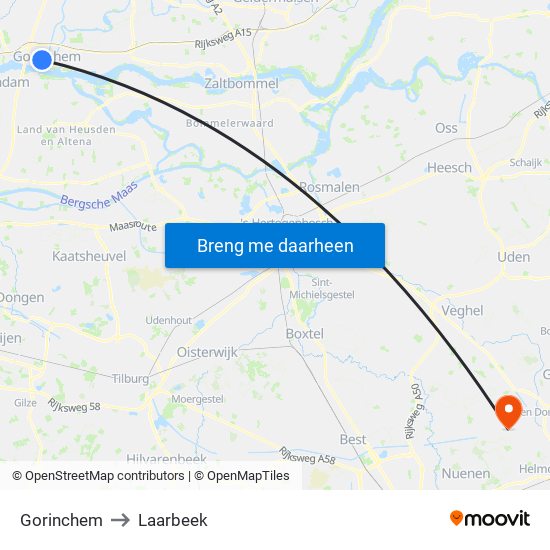 Gorinchem to Laarbeek map