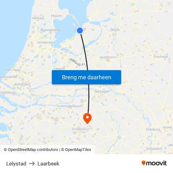 Lelystad to Laarbeek map