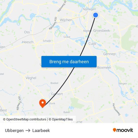 Ubbergen to Laarbeek map