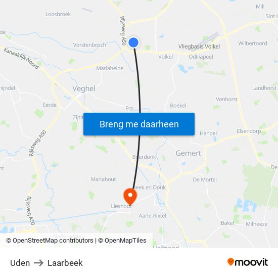 Uden to Laarbeek map