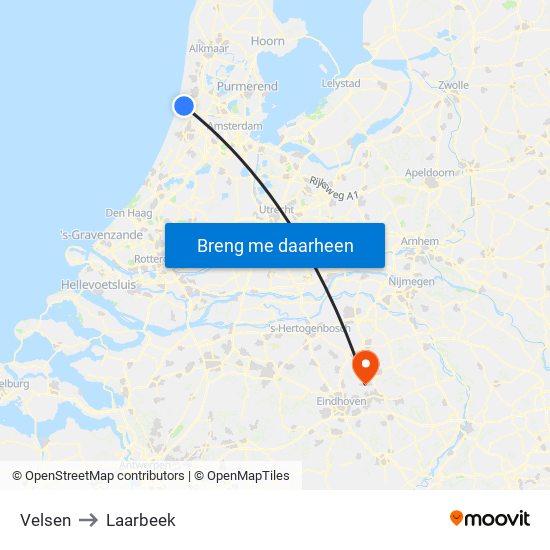 Velsen to Laarbeek map