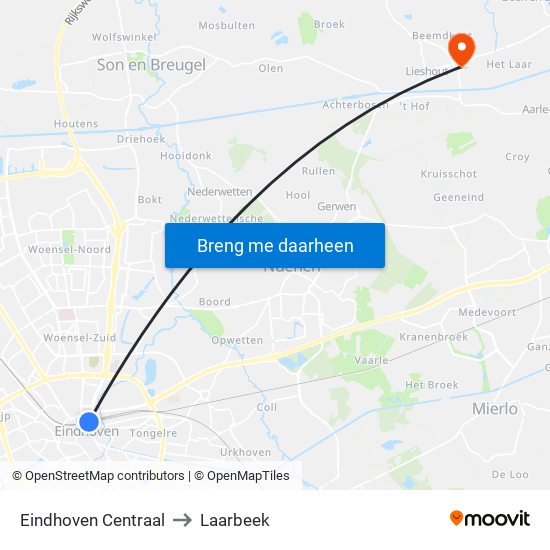 Eindhoven Centraal to Laarbeek map