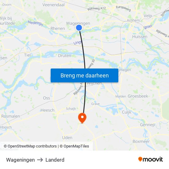 Wageningen to Landerd map