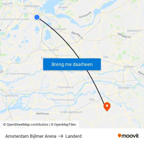 Amsterdam Bijlmer Arena to Landerd map