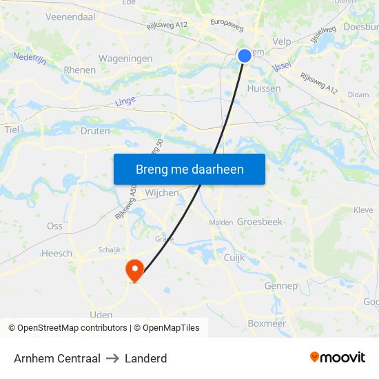 Arnhem Centraal to Landerd map