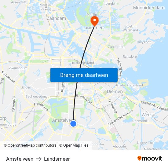 Amstelveen to Landsmeer map