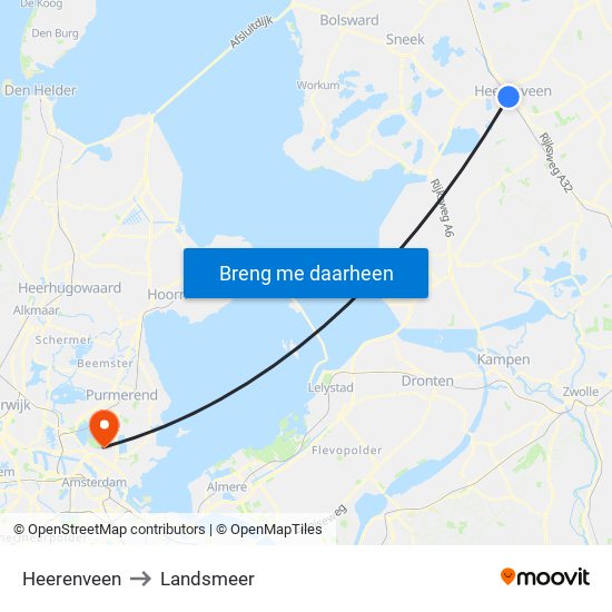 Heerenveen to Landsmeer map