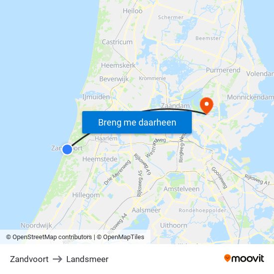 Zandvoort to Landsmeer map