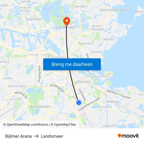 Bijlmer Arena to Landsmeer map
