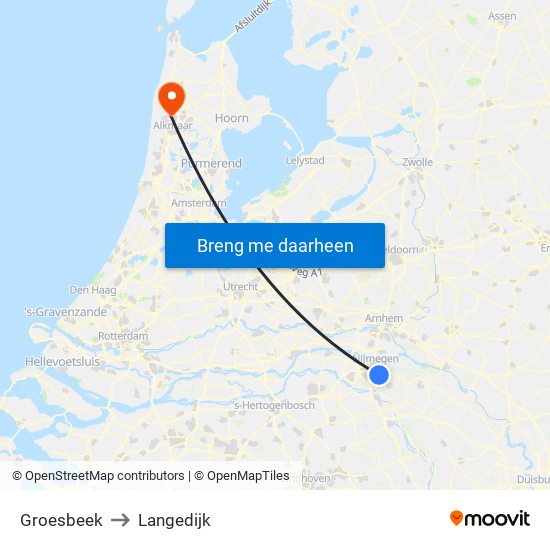 Groesbeek to Langedijk map